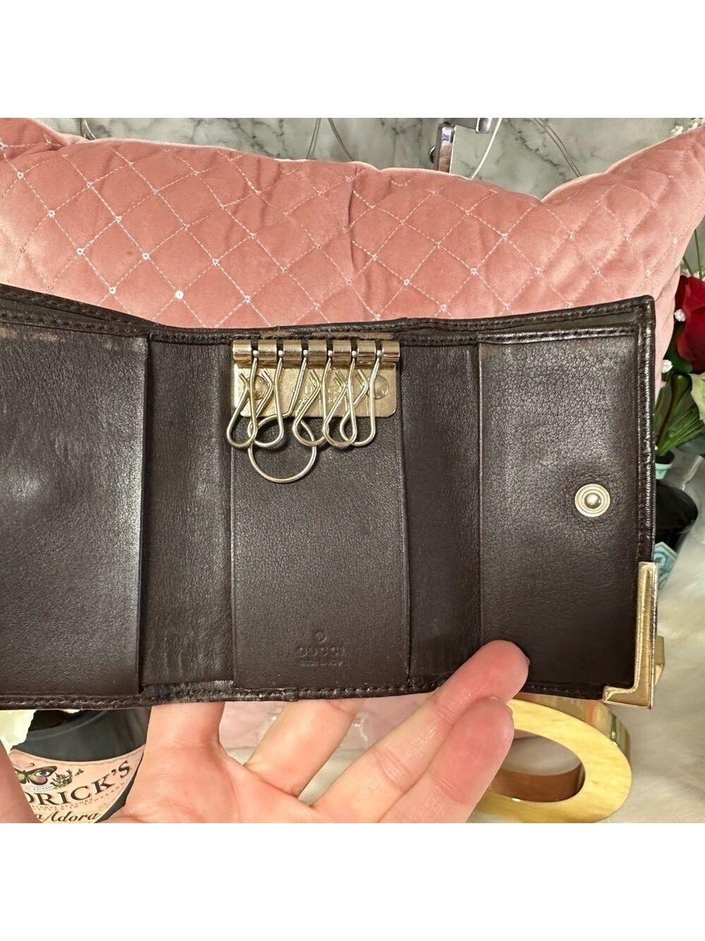 AUTHENTIC GUCCI SHIMA GG LOGO BROWN LEATHER 6 RING KEYCASE TRIFOLD WALLET - Picture 8 of 15